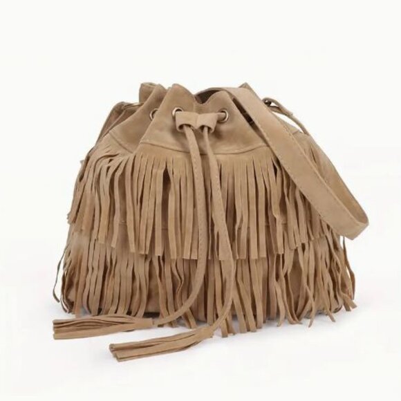 Handbags - NEW Tan Fringe Bag Bucket Purse Drawstring Pockets Apricot